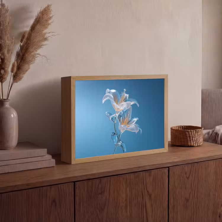 Lelies - Blauw - Glazen Light Box met batterij (Wandlamp) middel -sfeer2