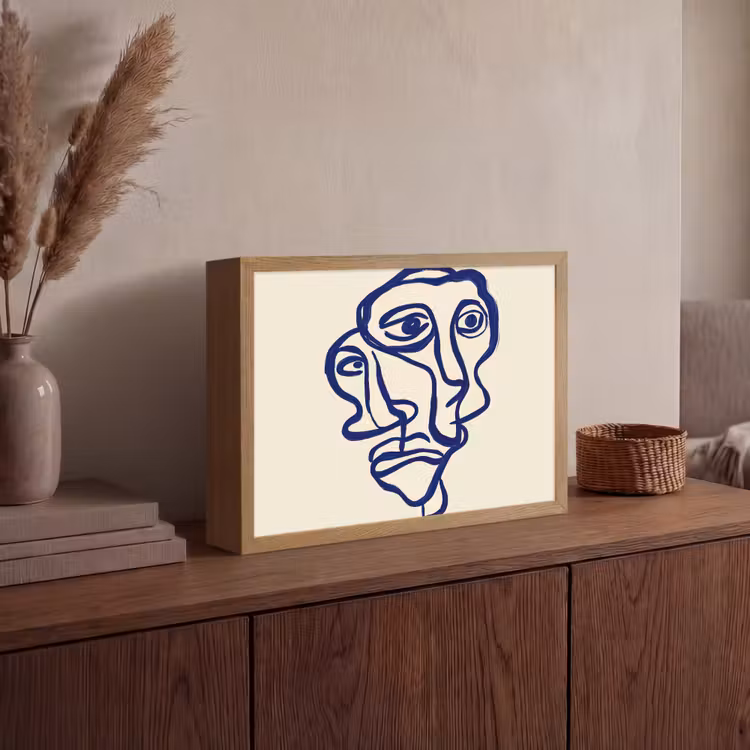 Lijntekening - Overlappende gezichten - Donkerblauw Light Box met batterij (Wandlamp) middel -sfeer2