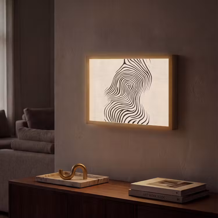Lijnen - Abstract - Golvend - Zwart Light Box met batterij (Wandlamp) middel -sfeer1