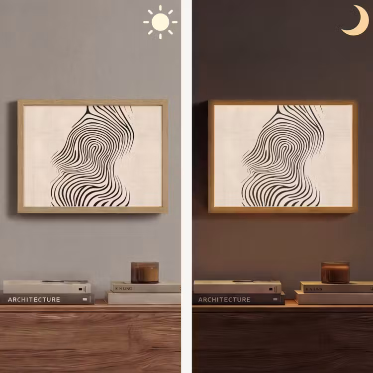 Lijnen - Abstract - Golvend - Zwart Light Box met batterij (Wandlamp) middel -sfeer3