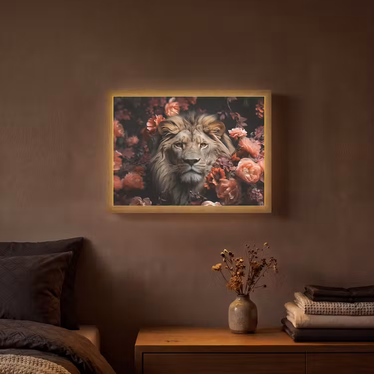 Leeuw - Dier - Natuur - Botanisch - Bloemen - Roze Light Box met batterij (Wandlamp) middel -sfeer4