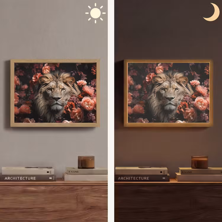 Leeuw - Dier - Natuur - Botanisch - Bloemen - Roze Light Box met batterij (Wandlamp) middel -sfeer3