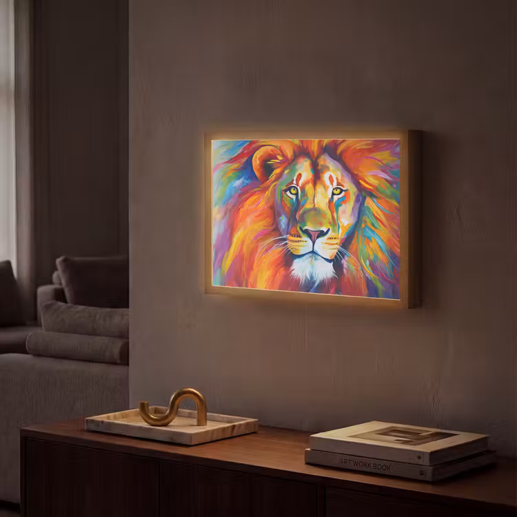 Leeuw - Dieren - Olieverf - Regenboog Light Box met batterij (Wandlamp) middel -sfeer1