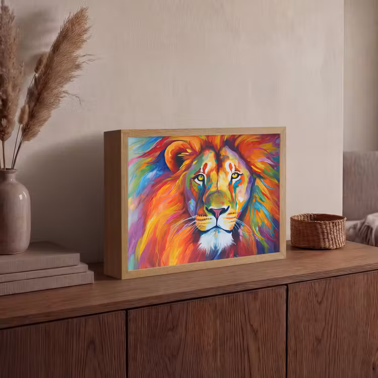 Leeuw - Dieren - Olieverf - Regenboog Light Box met batterij (Wandlamp) middel -sfeer2