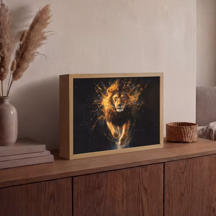 Leeuw - Zwart - Oranje - Verf Light Box met batterij (Wandlamp) middel -sfeer2