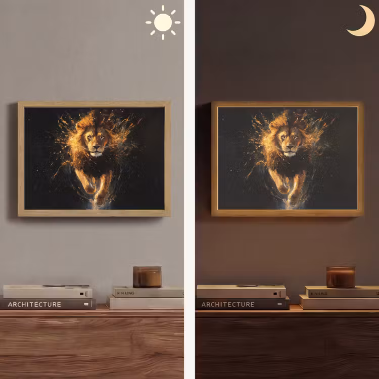Leeuw - Zwart - Oranje - Verf Light Box met batterij (Wandlamp) middel -sfeer3