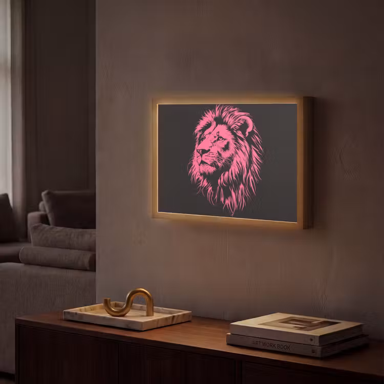 Leeuw - Zwart - Roze - Neon Light Box met batterij (Wandlamp) middel -sfeer1