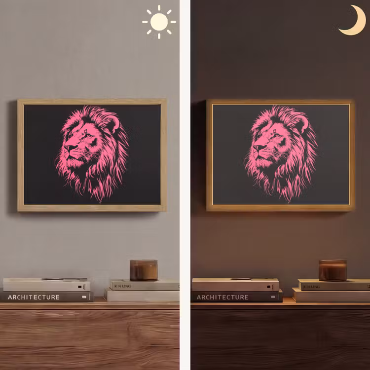 Leeuw - Zwart - Roze - Neon Light Box met batterij (Wandlamp) middel -sfeer3