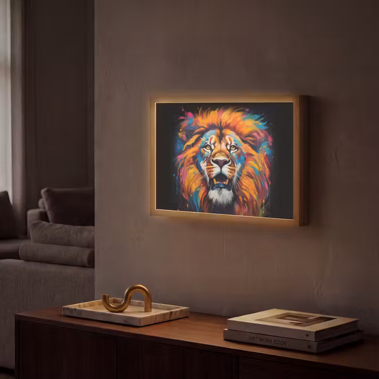 Leeuw - Graffiti - Dieren - Zwart Light Box met batterij (Wandlamp) middel -sfeer1