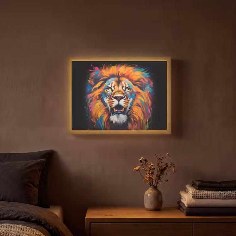 Leeuw - Graffiti - Dieren - Zwart Light Box met batterij (Wandlamp) middel -sfeer4