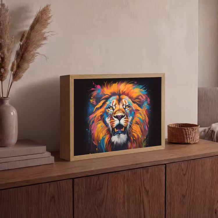 Leeuw - Graffiti - Dieren - Zwart Light Box met batterij (Wandlamp) middel -sfeer2