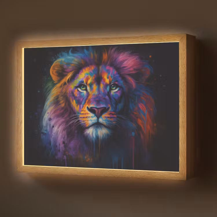 Leeuwenkop - Felgekleurd - Abstract Light Box met batterij (Wandlamp) middel -z3d_website