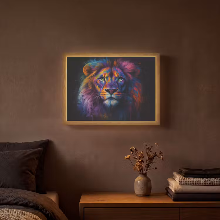Leeuwenkop - Felgekleurd - Abstract Light Box met batterij (Wandlamp) middel -sfeer4