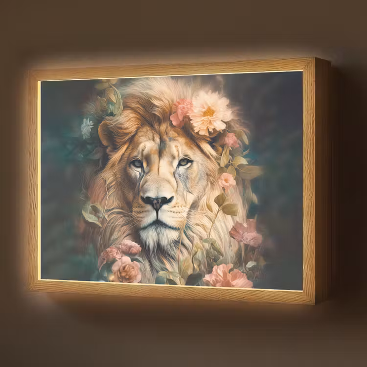 Leeuw - Leeuwenkop - Wilde dieren - Bloemen Light Box met batterij (Wandlamp) middel -z3d_website