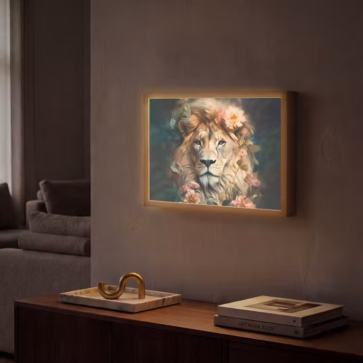 Leeuw - Leeuwenkop - Wilde dieren - Bloemen Light Box met batterij (Wandlamp) middel -sfeer1