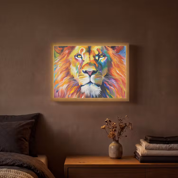 Leeuw - Olieverf - Kunst - Dieren Light Box met batterij (Wandlamp) middel -sfeer4