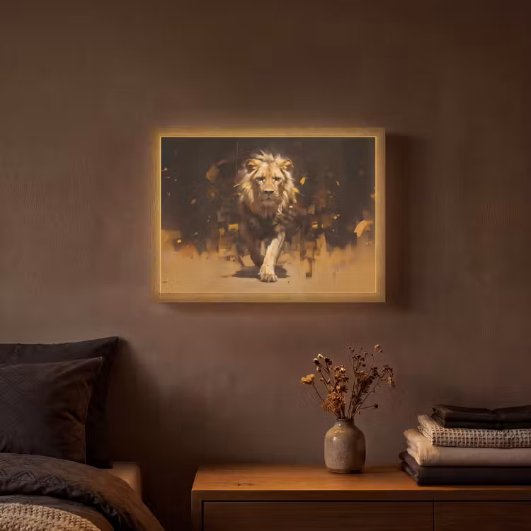 Leeuw - Geschilderd - Abstract - Goud Light Box met batterij (Wandlamp) middel -sfeer4