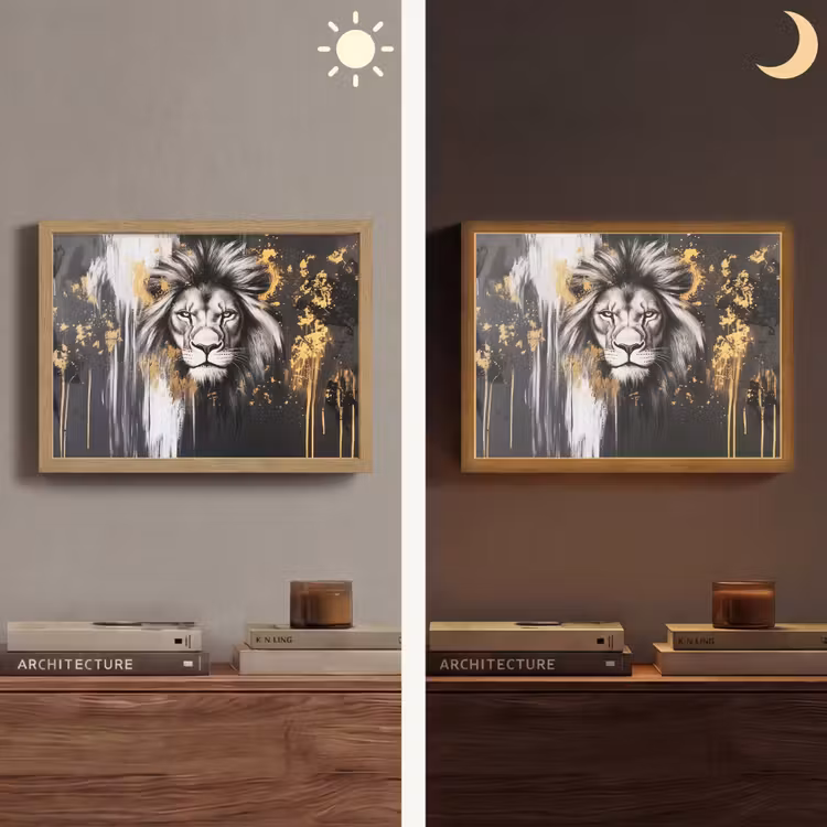 Leeuw - Portret - Verfspatten - Grijs Light Box met batterij (Wandlamp) middel -sfeer3