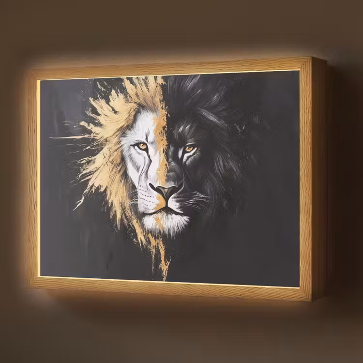 Leeuw - Gesplitst - Zwart - Lijn Light Box met batterij (Wandlamp) middel -z3d_website
