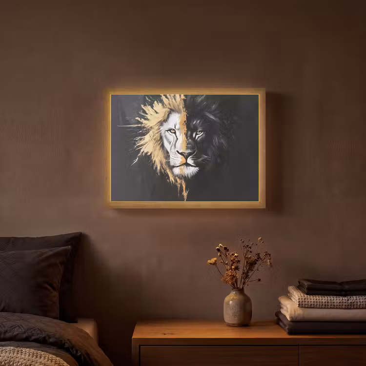 Leeuw - Gesplitst - Zwart - Lijn Light Box met batterij (Wandlamp) middel -sfeer4