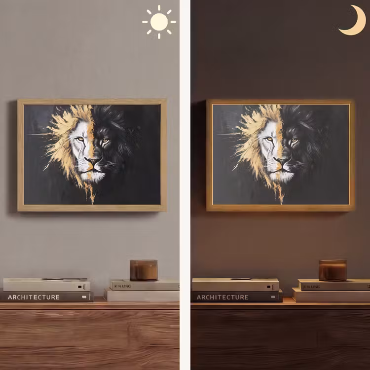 Leeuw - Gesplitst - Zwart - Lijn Light Box met batterij (Wandlamp) middel -sfeer3