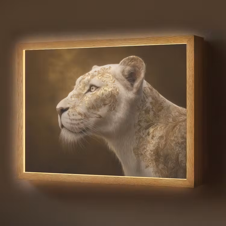 Leeuwin - Bloemen - Wit - Goud Light Box met batterij (Wandlamp) middel -z3d_website