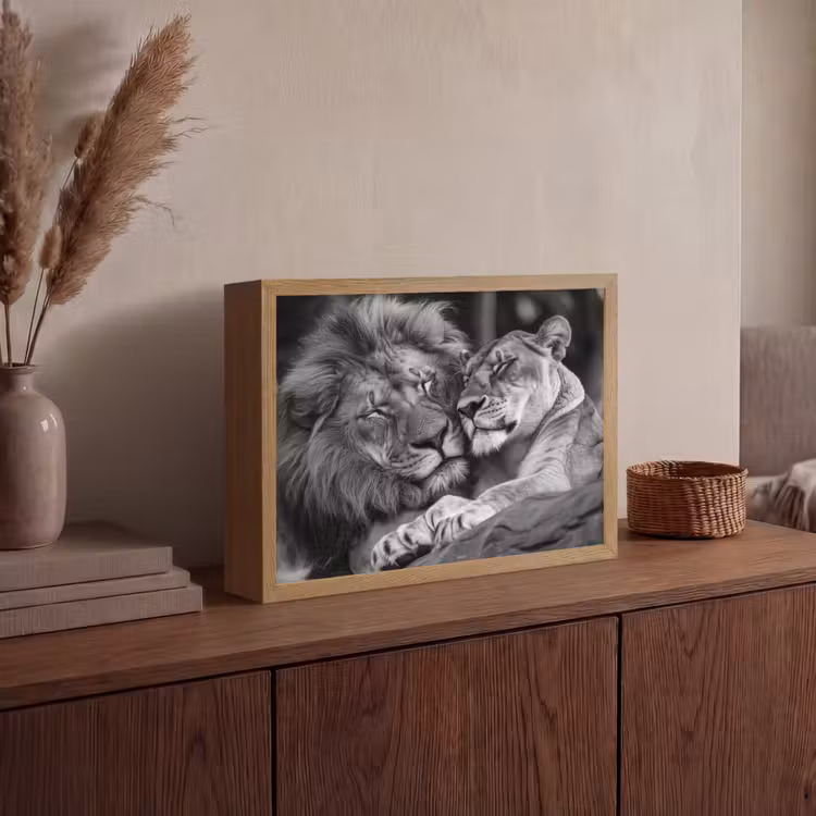 Leeuwen - Dieren - Zwart - Wit - Leeuw Light Box met batterij (Wandlamp) middel -sfeer2