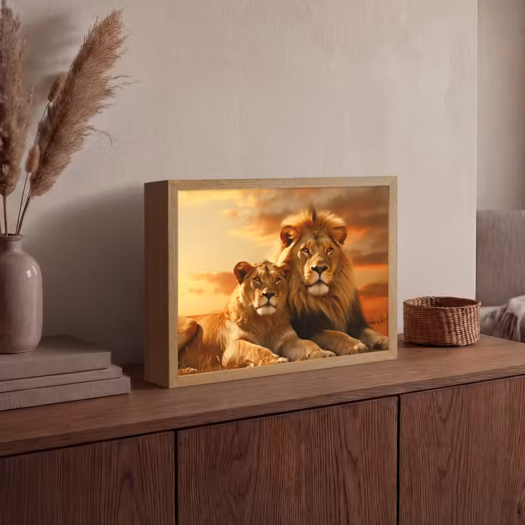 Leeuwen - Zonsondergang - Afrika - Savanne - Dieren Light Box met batterij (Wandlamp) middel -sfeer2