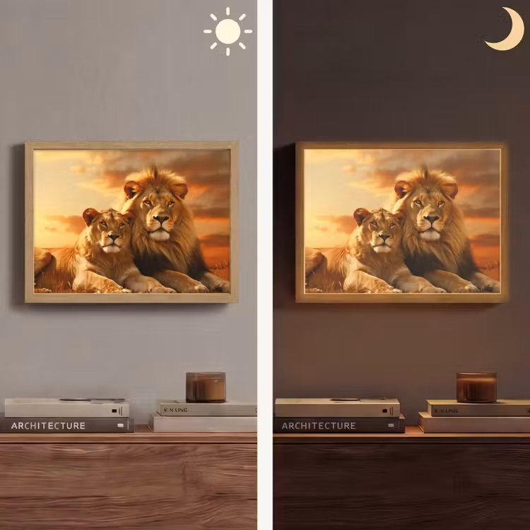 Leeuwen - Zonsondergang - Afrika - Savanne - Dieren Light Box met batterij (Wandlamp) middel -sfeer3