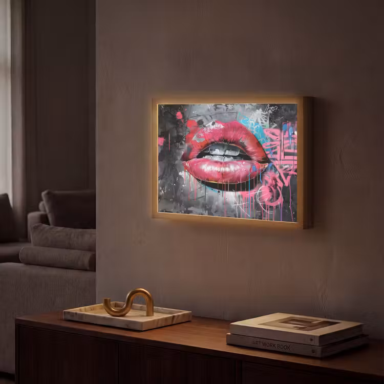 Lippen - Felroze - Graffiti - Verfstrepen Light Box met batterij (Wandlamp) middel -sfeer1