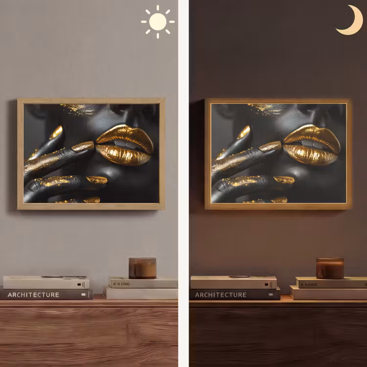 Lippen - Goud - Abstract - Zwart - Vrouw Light Box met batterij (Wandlamp) middel -sfeer3