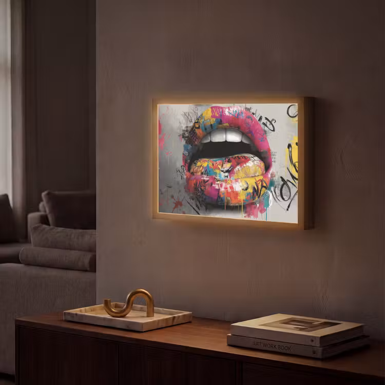 Lippen - Graffiti - Expressief Light Box met batterij (Wandlamp) middel -sfeer1