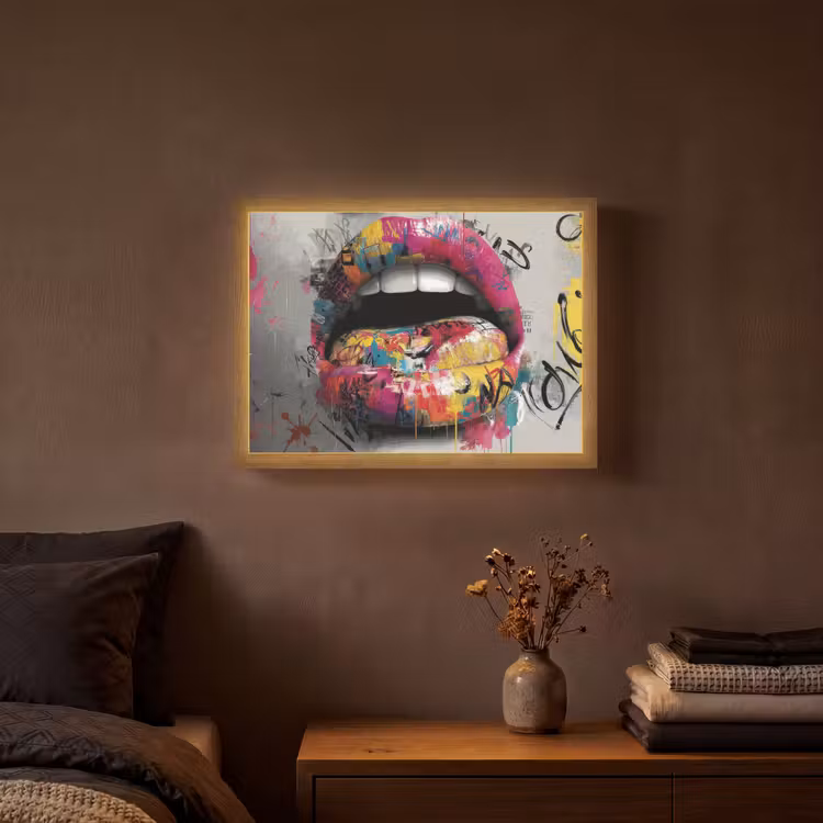 Lippen - Graffiti - Expressief Light Box met batterij (Wandlamp) middel -sfeer4