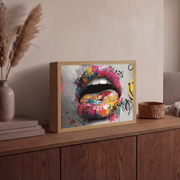 Lippen - Graffiti - Expressief Light Box met batterij (Wandlamp) middel -sfeer2