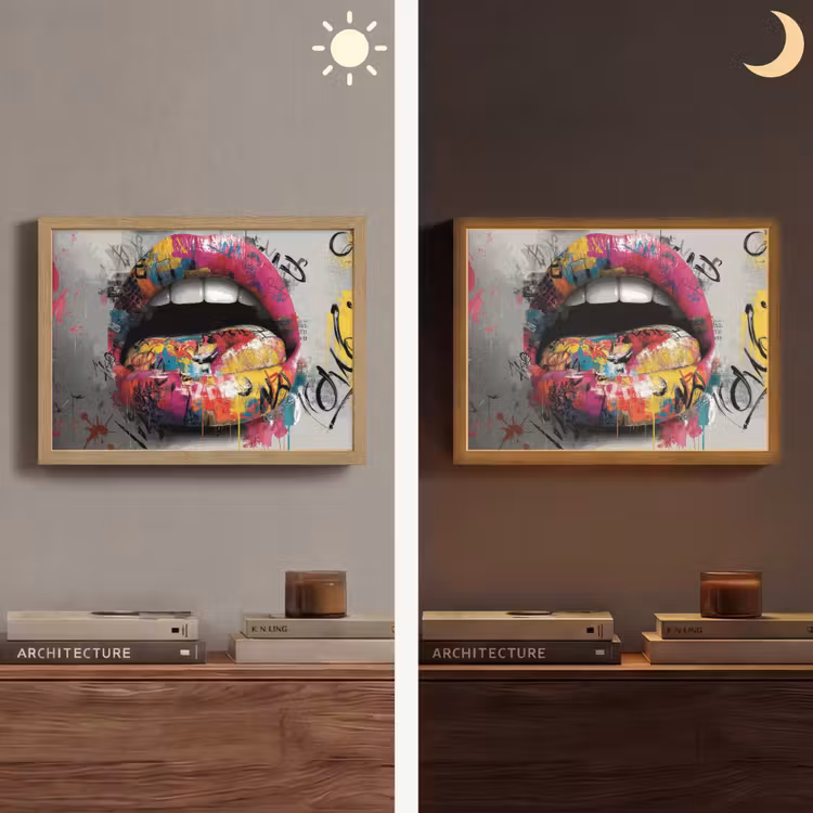 Lippen - Graffiti - Expressief Light Box met batterij (Wandlamp) middel -sfeer3
