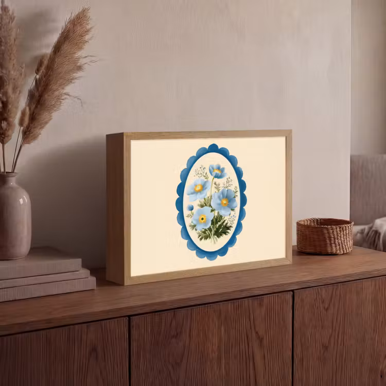Lijst - Bloemen - Lichtblauw - Illustratie Light Box met batterij (Wandlamp) middel -sfeer2