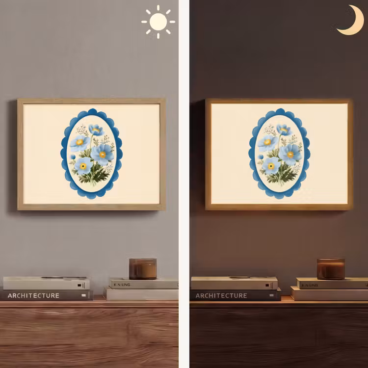 Lijst - Bloemen - Lichtblauw - Illustratie Light Box met batterij (Wandlamp) middel -sfeer3