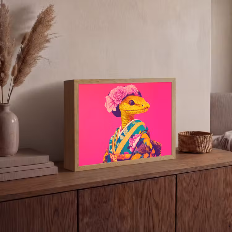 Hagedis - Bloemen - Roze - Kimono Light Box met batterij (Wandlamp) middel -sfeer2