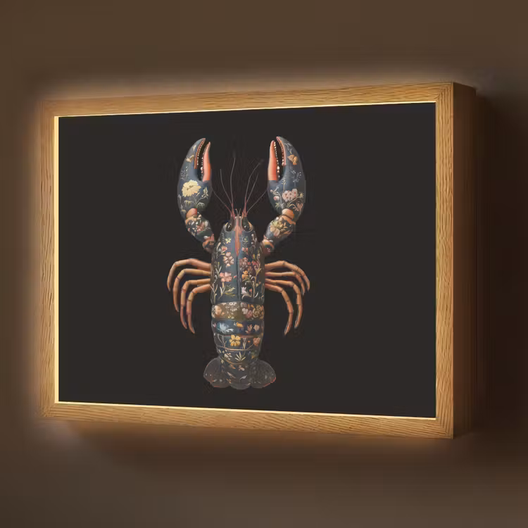 Kreeft - Zwart - Bloemenpatroon - Artistiek Light Box met batterij (Wandlamp) middel -z3d_website
