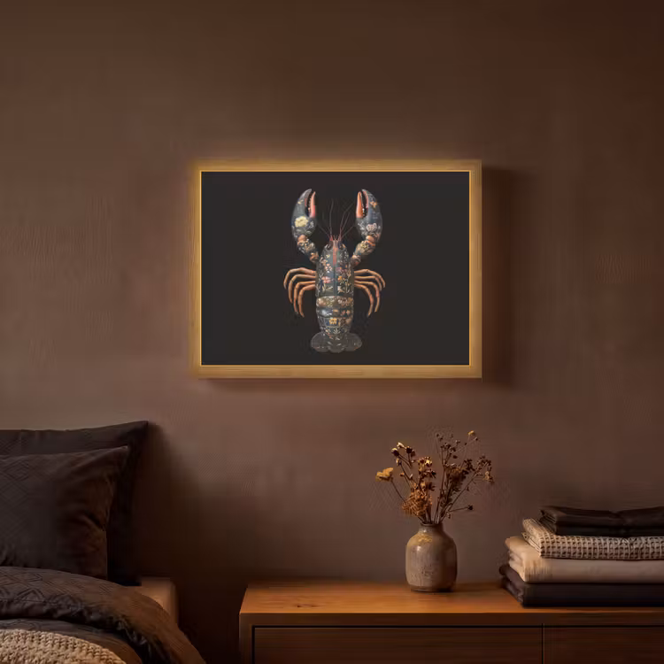 Kreeft - Zwart - Bloemenpatroon - Artistiek Light Box met batterij (Wandlamp) middel -sfeer4