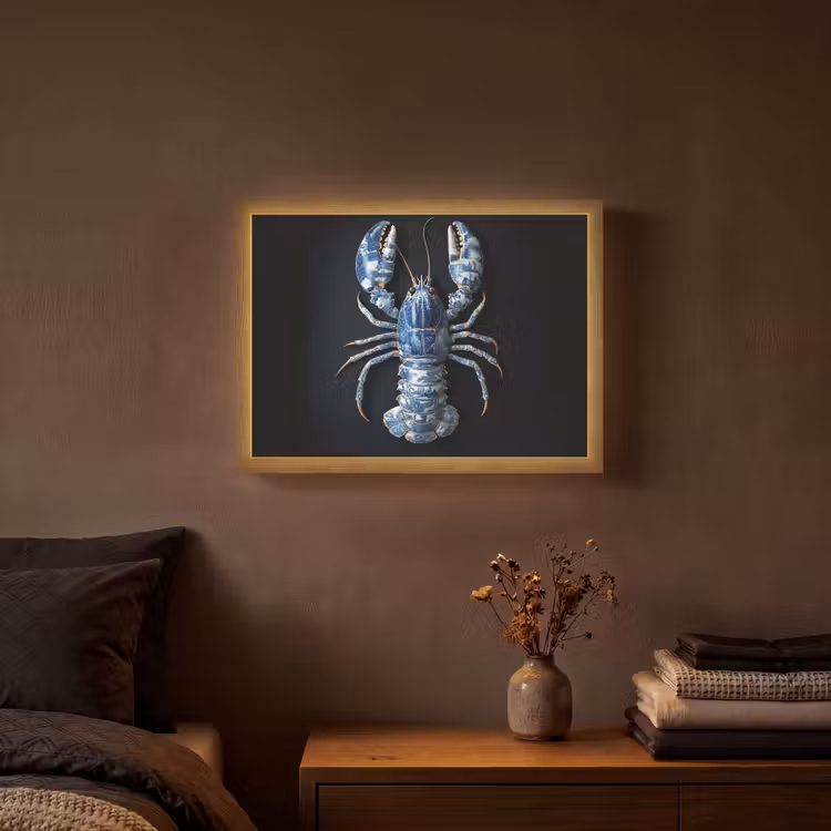 Kreeft - Delftsblauw - Schild - Stoer Light Box met batterij (Wandlamp) middel -sfeer4