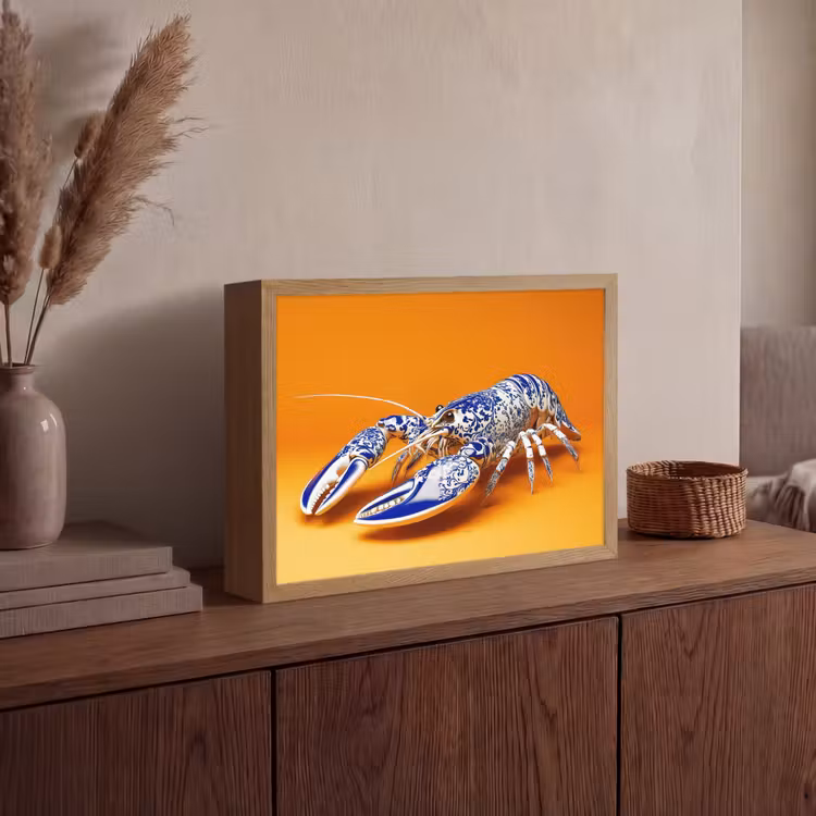 Kreeft - Delftsblauw - Schild - Stoer - Oranje Light Box met batterij (Wandlamp) middel -sfeer2