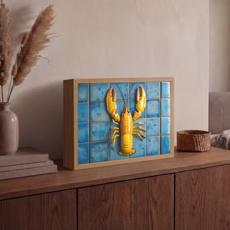 Kreeft - Geel - Blauw - Tegels Light Box met batterij (Wandlamp) middel -sfeer2