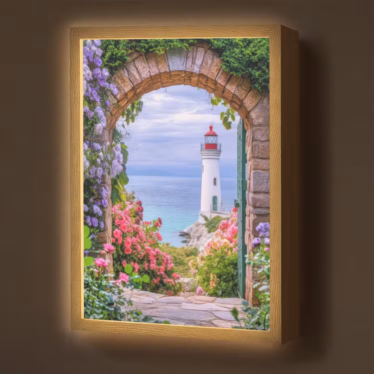 Doorkijk - Vuurtoren - Bloemen - Uitzicht Light Box met batterij (Wandlamp) middel -z3d_website