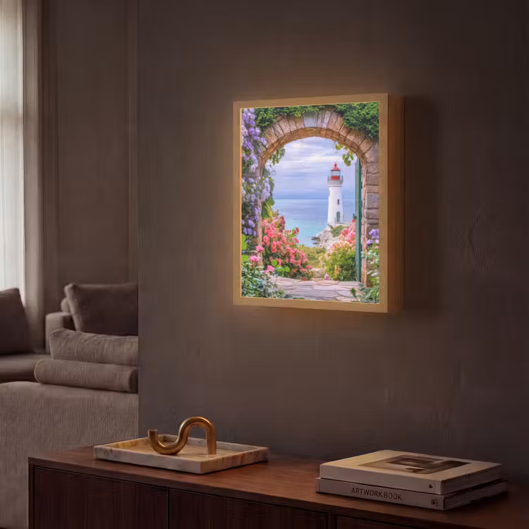 Doorkijk - Vuurtoren - Bloemen - Uitzicht Light Box met batterij (Wandlamp) middel -sfeer1