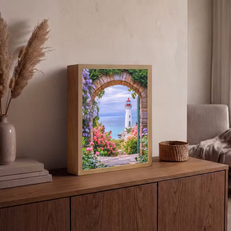Doorkijk - Vuurtoren - Bloemen - Uitzicht Light Box met batterij (Wandlamp) middel -sfeer2