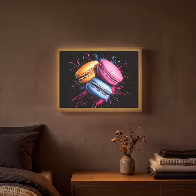 Macarons - Dessert - Graffiti - Kleurrijk - Roze - Blauw - Geel Light Box met batterij (Wandlamp) middel -sfeer4