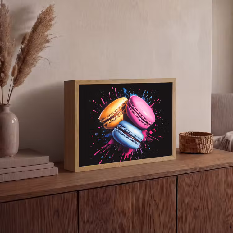 Macarons - Dessert - Graffiti - Kleurrijk - Roze - Blauw - Geel Light Box met batterij (Wandlamp) middel -sfeer2