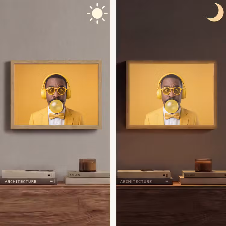Man - Bubblegum - Portret - Geel - Modern Light Box met batterij (Wandlamp) middel -sfeer3