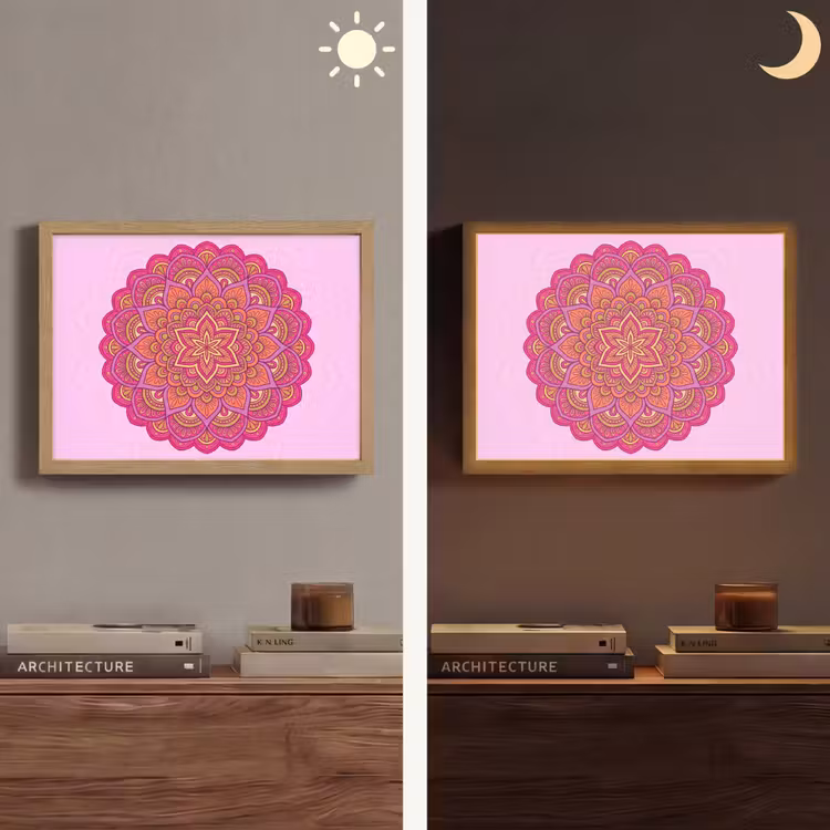 Mandala - Cirkel - Spiritueel - Oosters - Roze Light Box met batterij (Wandlamp) middel -sfeer3